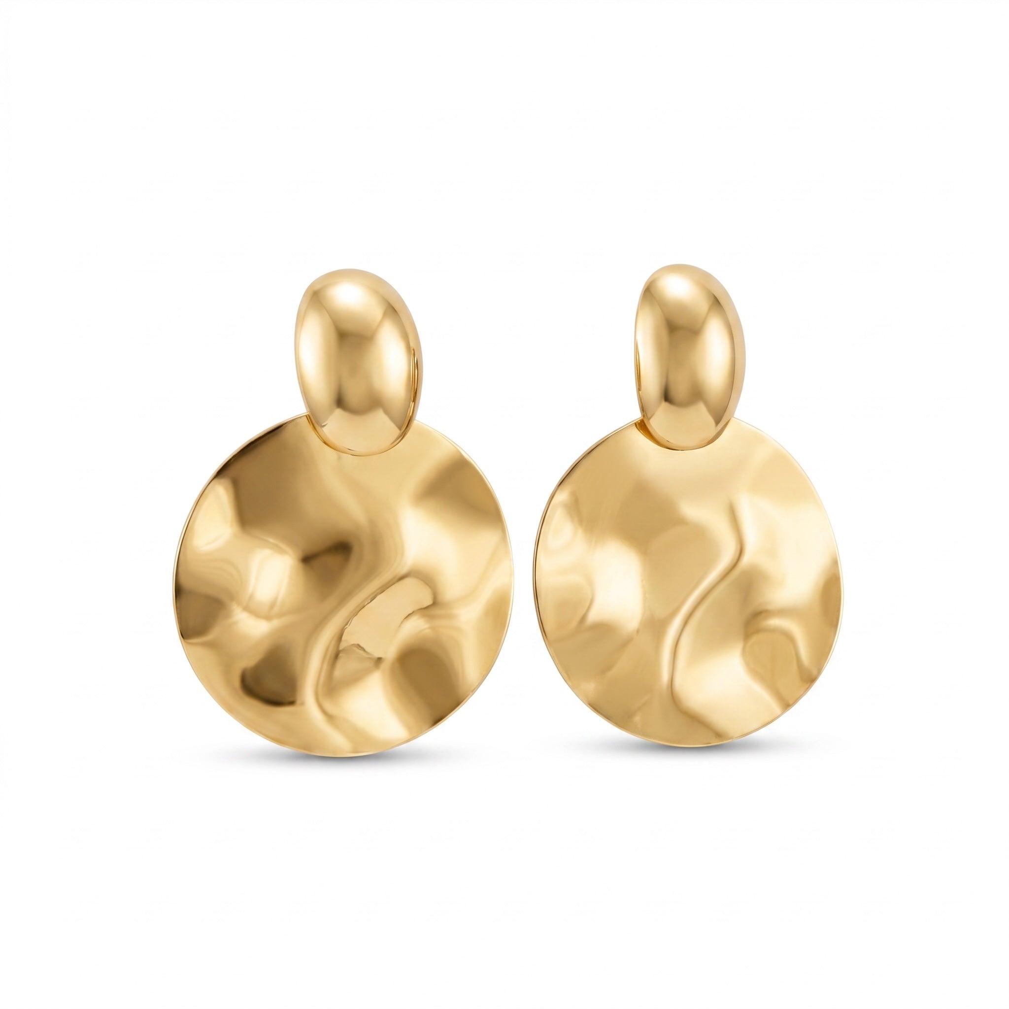 TALI gold-tone statement earrings featuring a smooth stud top and a large, hammered-texture circular drop.