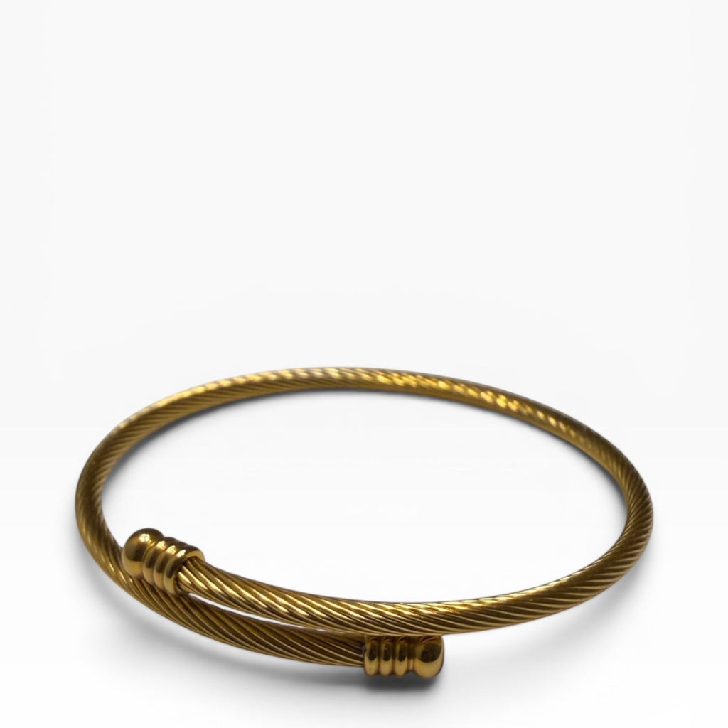 TALI gold-tone twisted cable wire bangle bracelet with polished ribbed end caps on a white background.