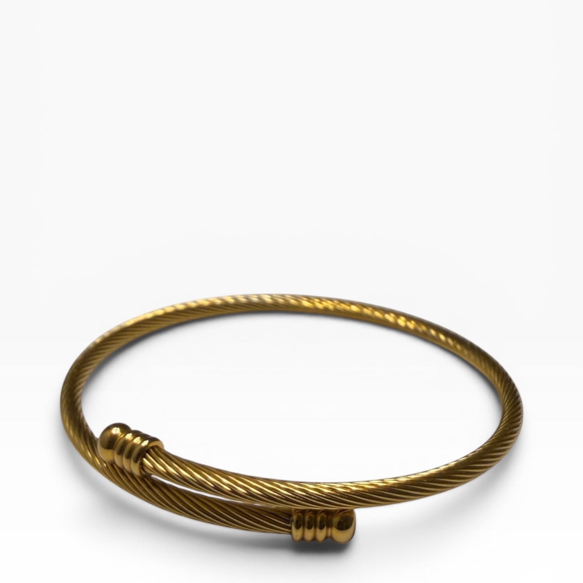 TALI gold-tone twisted cable wire bangle bracelet with polished ribbed end caps on a white background.