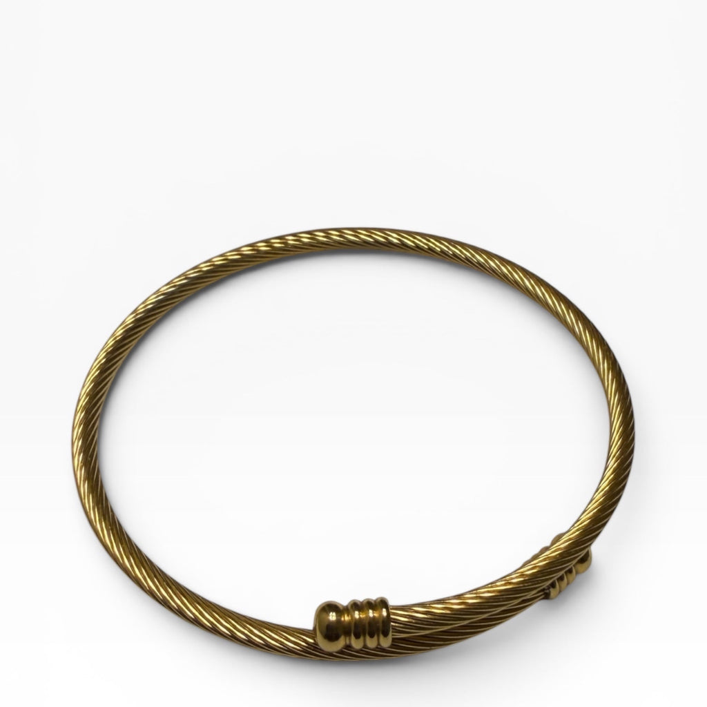 TALI gold-tone twisted wire cable bangle bracelet with polished ribbed end caps on a white background.