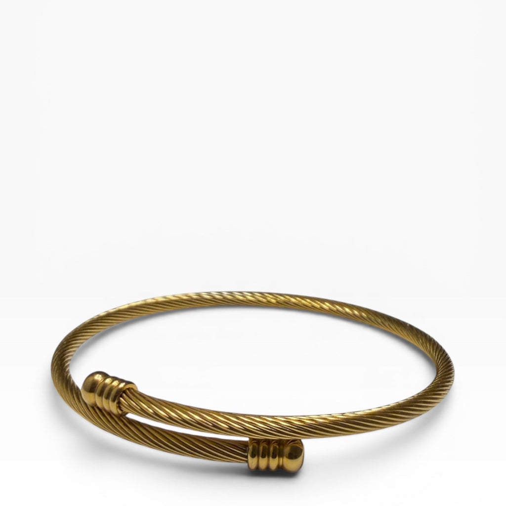TALI gold-tone twisted wire cable bangle bracelet with polished ribbed end caps in a minimalist open-cuff design.