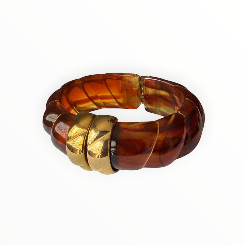 TALI The Riviera resin bracelet in amber with gold plated accents and a chunky ribbed design.
