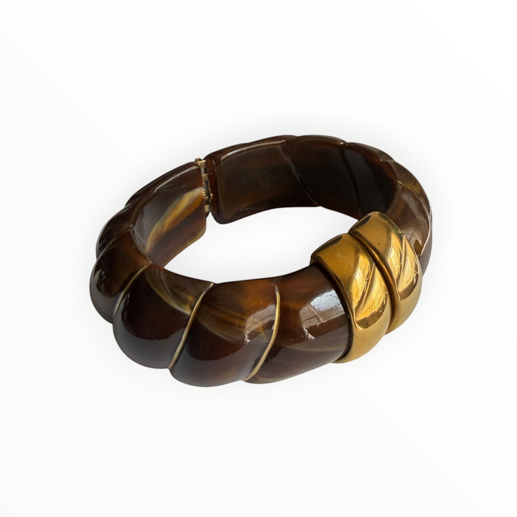 TALI The Riviera Resin Bracelet in brown with gold-plated accents, featuring a chunky, segmented design.