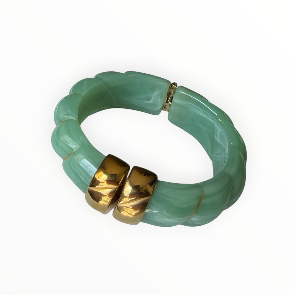 TALI The Riviera Resin Bracelet in light green marbled resin with gold plated accents and a hinged clasp