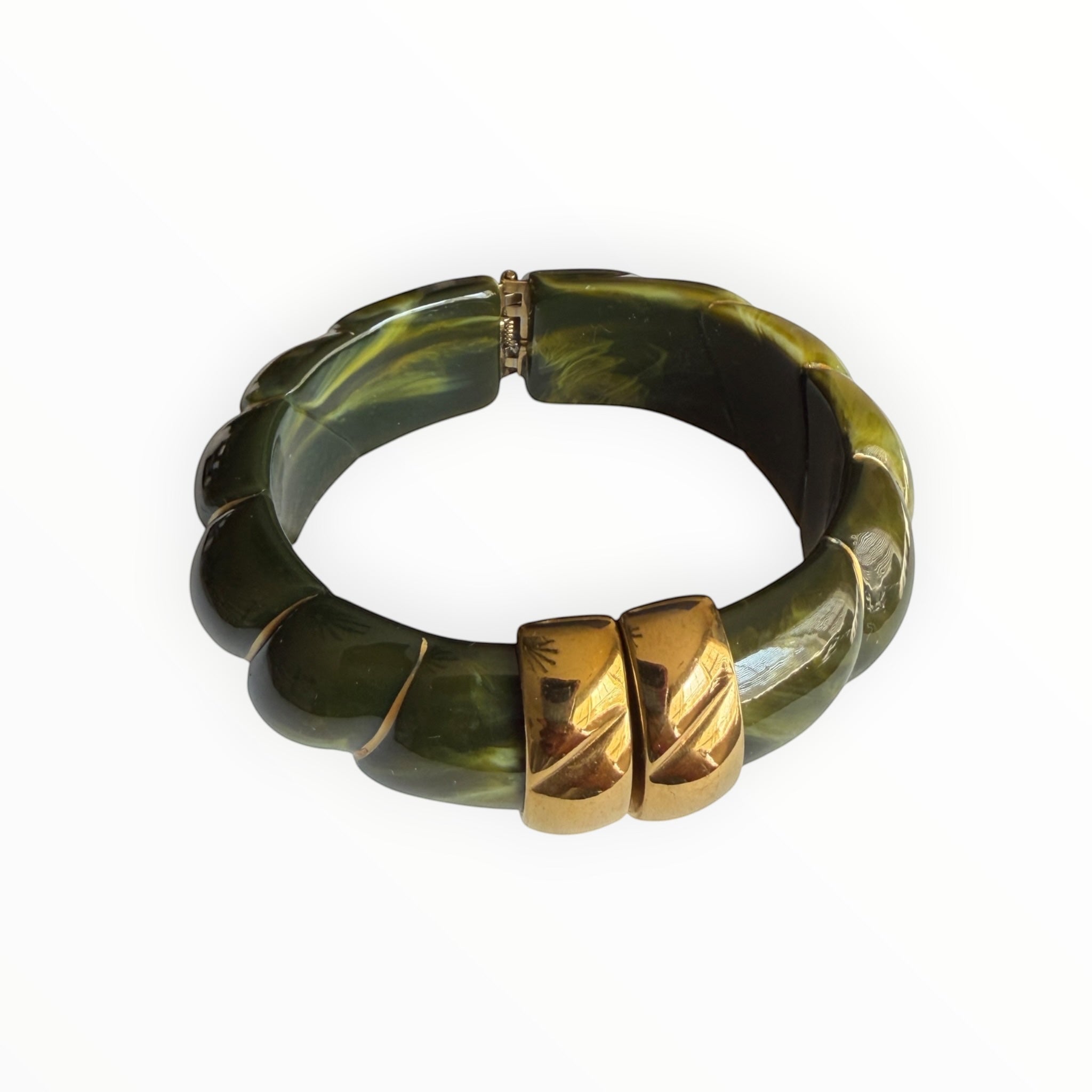 TALI The Riviera Resin Bracelet in olive green with gold-plated accents and a chunky, textured design.