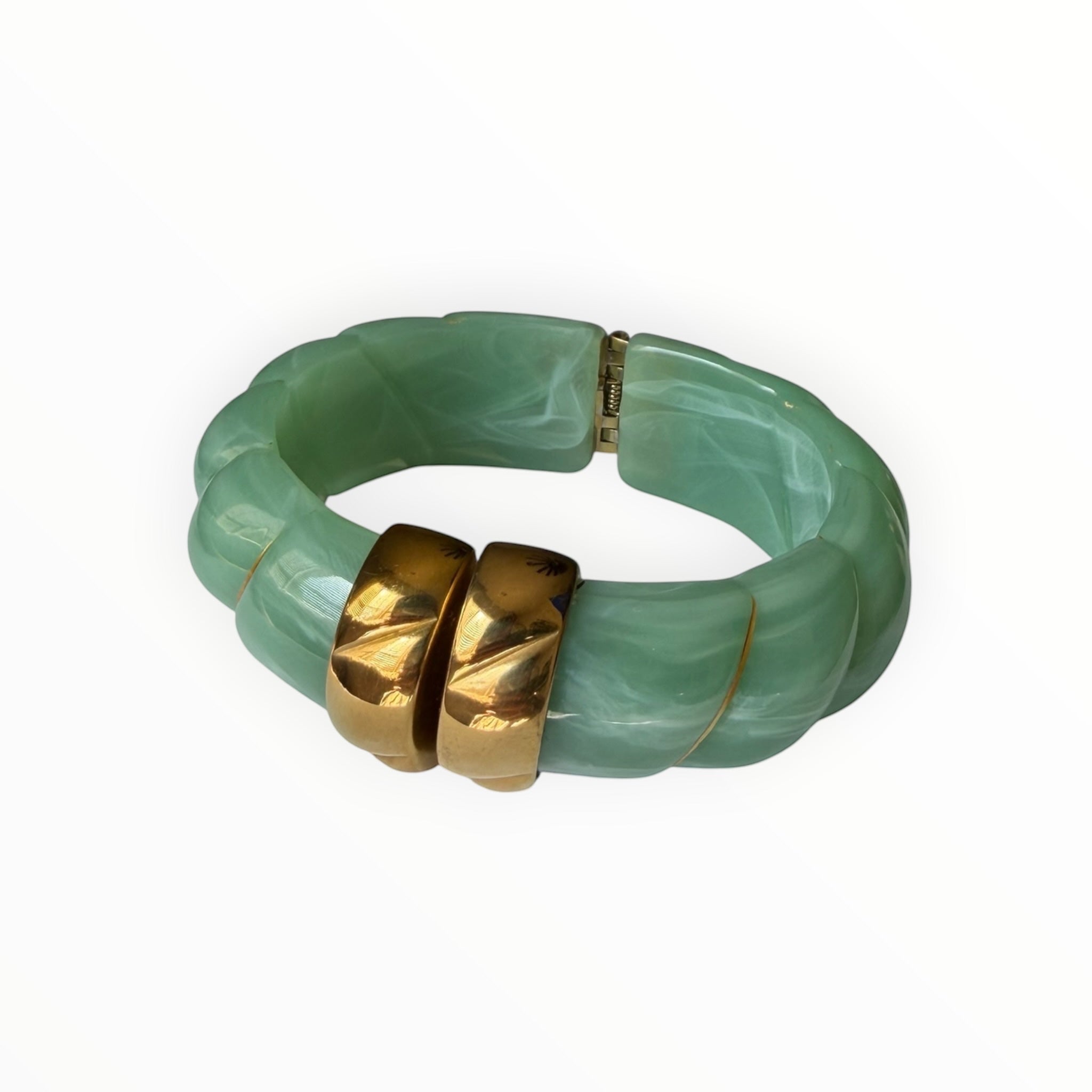 TALI The Riviera Resin Bracelet in marbled sage green with gold-plated accents and a hinged clasp design.