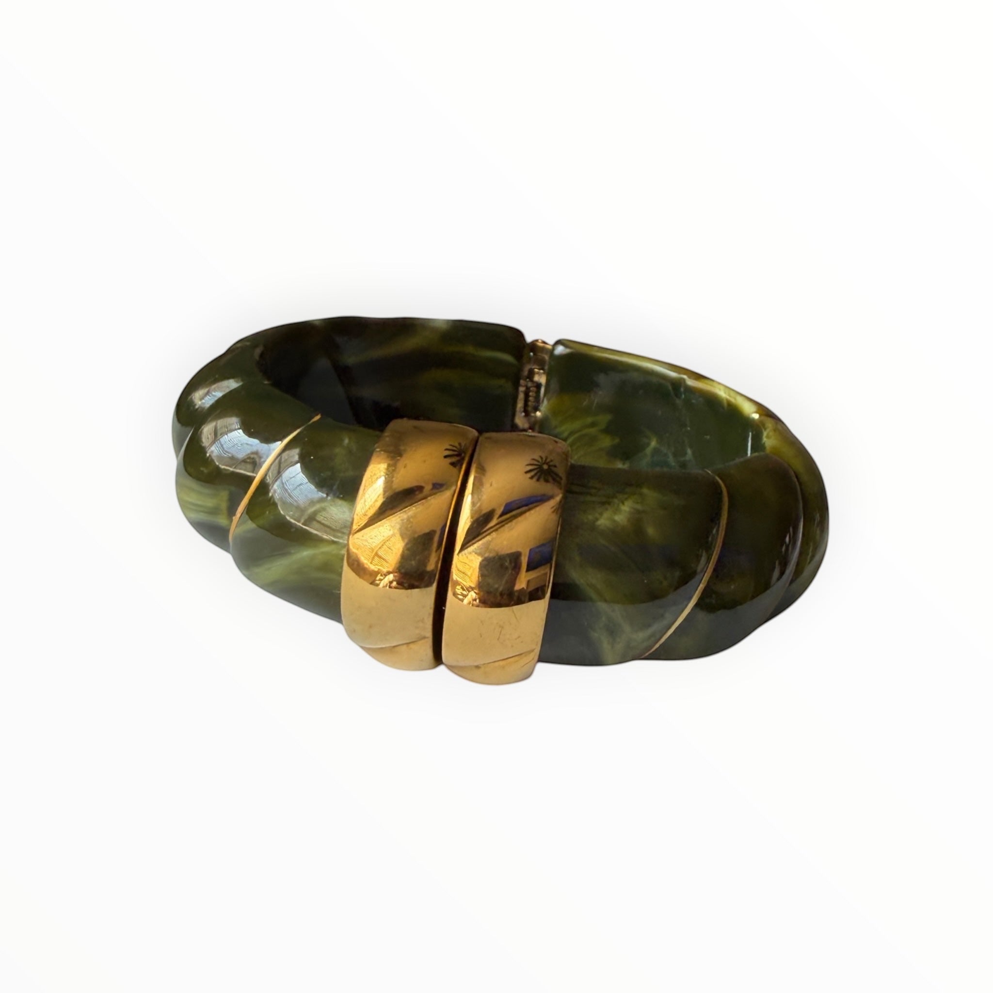 TALI The Riviera Resin Bracelet in olive green marbled resin with polished gold-plated accents.