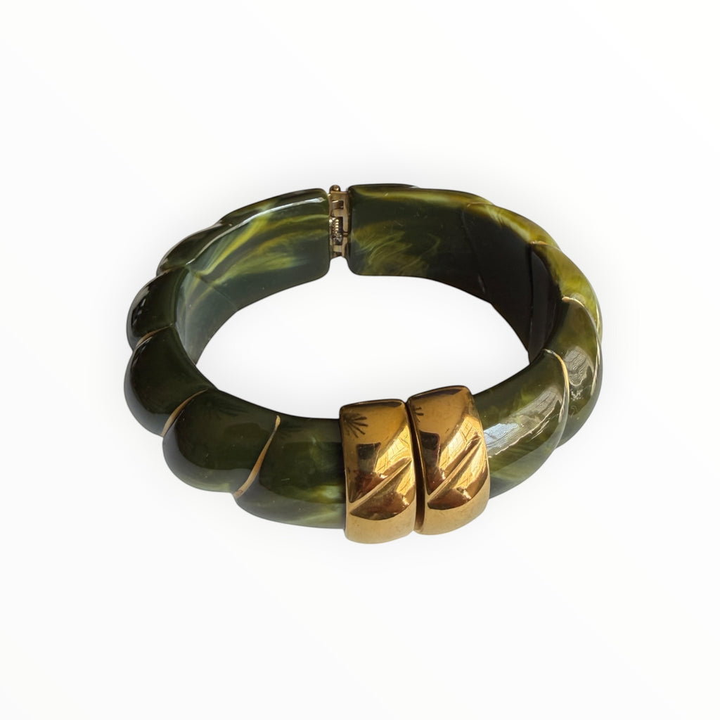 TALI The Riviera Resin Bracelet in olive green marbled resin with gold-plated accents and a hinged clasp closure.