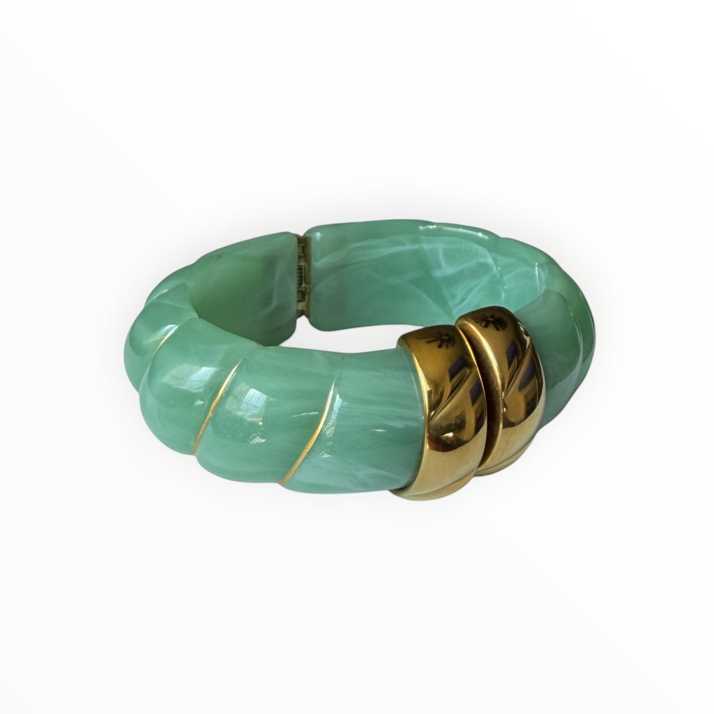 TALI The Riviera Resin Bracelet in marbled mint green with gold-plated accents and a textured, twisted design.