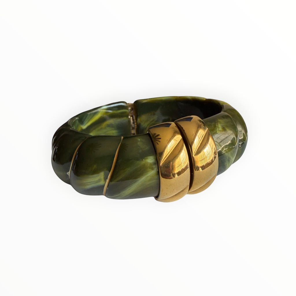 TALI Riviera resin bracelet in olive green marble with polished gold-plated accents and a chunky segmented design.