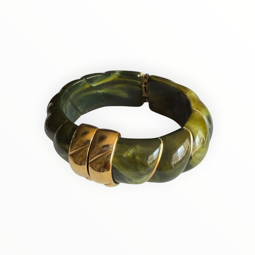 TALI The Riviera resin bracelet in olive green with gold-plated accents and a hinged design.