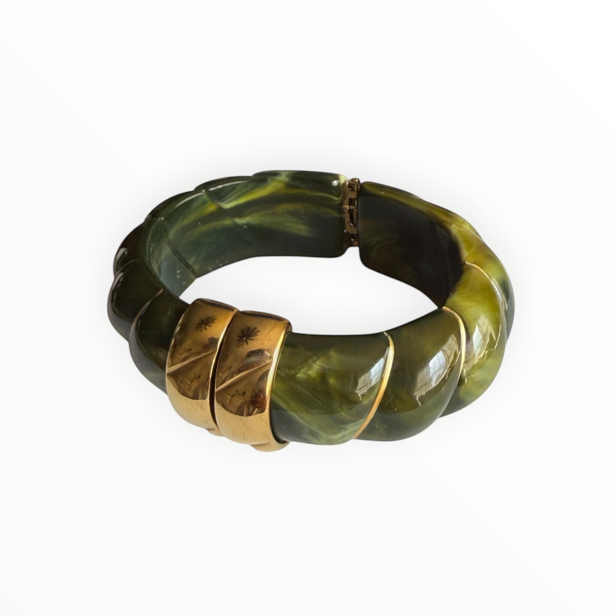TALI The Riviera resin bracelet in olive green with gold-plated accents and a hinged design.