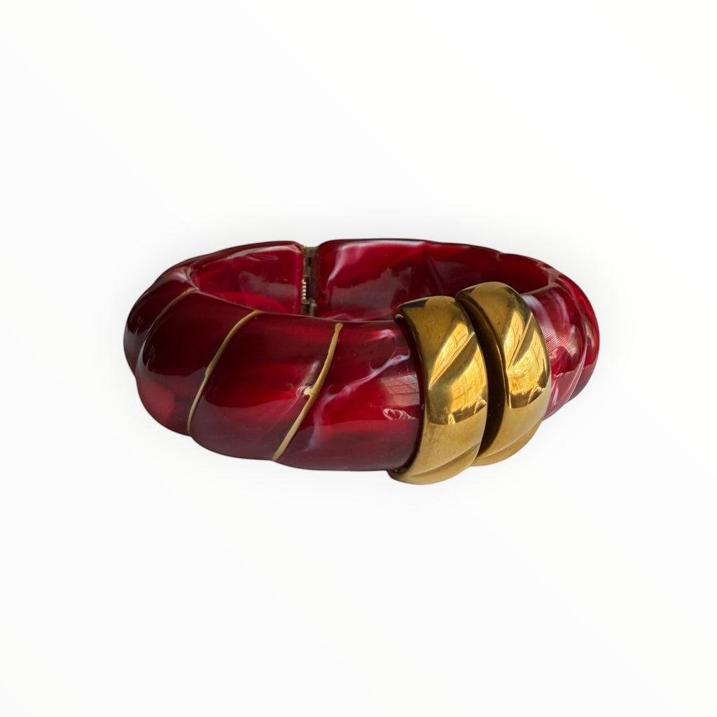 TALI The Riviera resin bracelet in deep red with gold-plated accents and a chunky, textured design.
