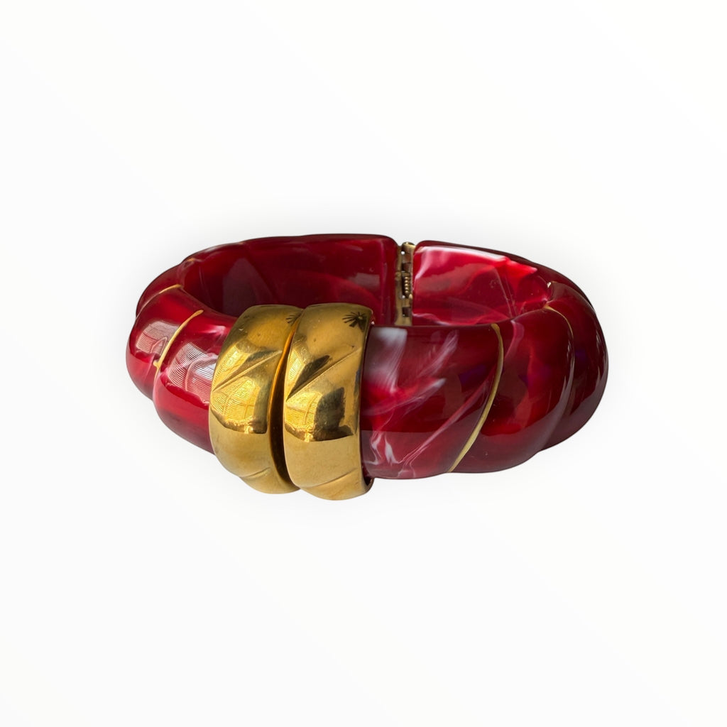 TALI The Riviera resin bracelet in deep red with gold-plated accents and a marbled finish.