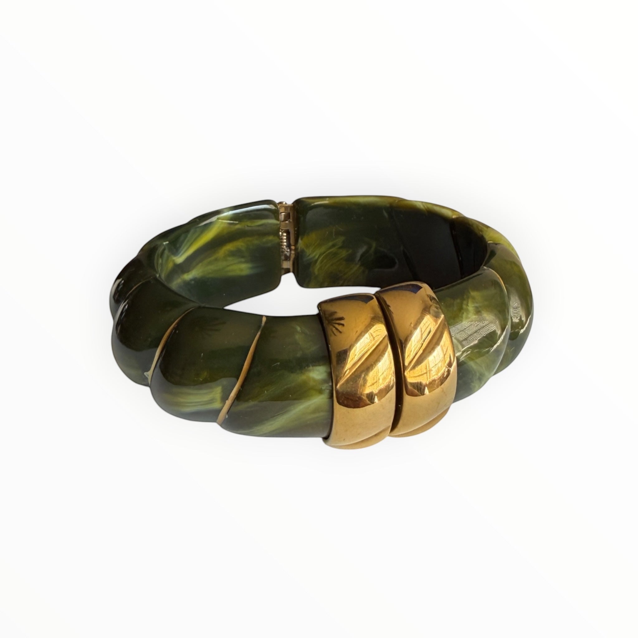 TALI The Riviera Resin Bracelet in olive green marbled resin with polished gold-plated accents.