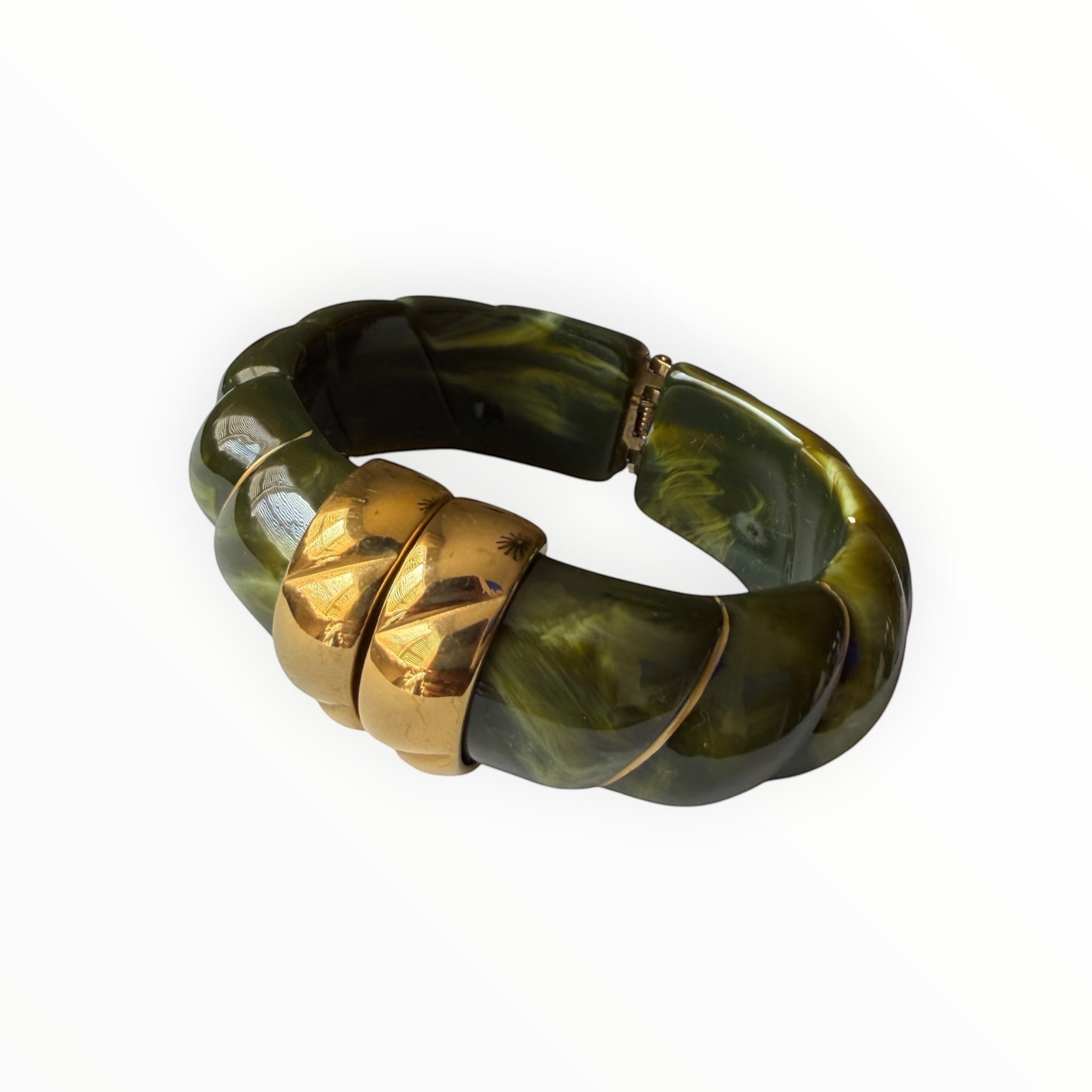 TALI The Riviera Resin Bracelet in olive green marbled resin with gold-plated metal accents and a hinged design.