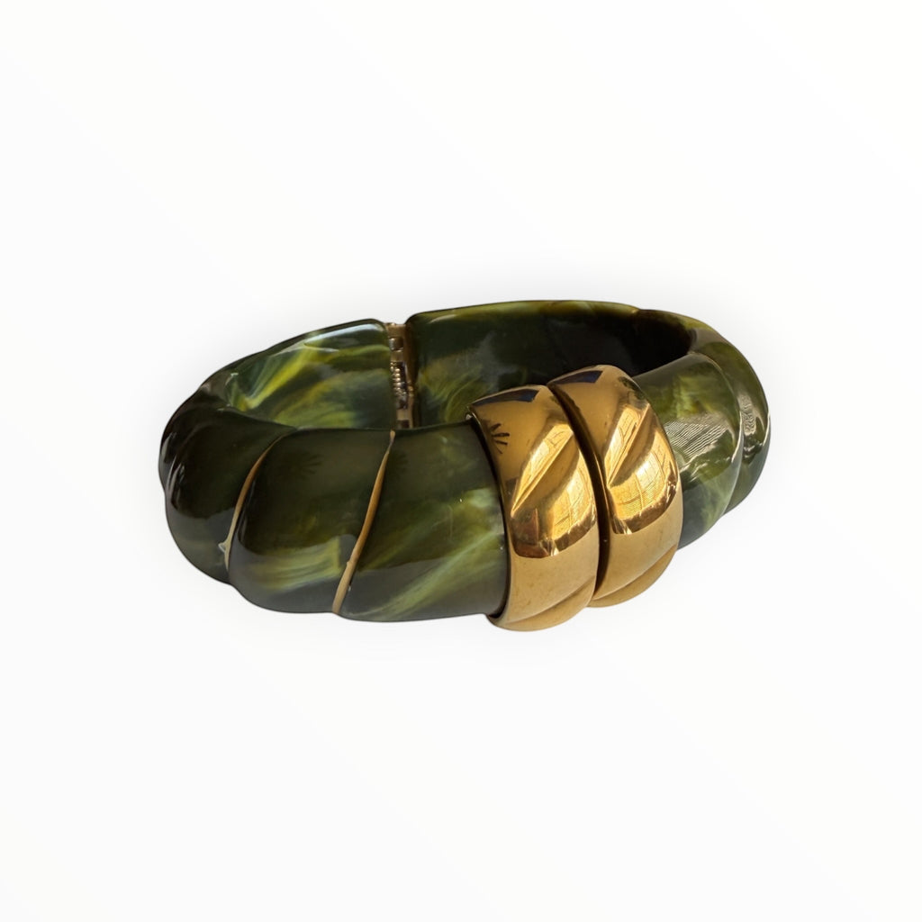 TALI The Riviera Resin Bracelet in olive green marbled resin with polished gold-plated accents.