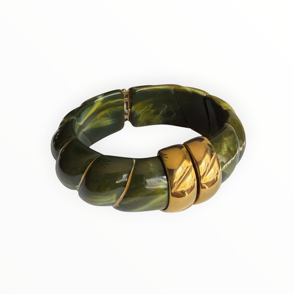 TALI The Riviera Resin Bracelet in olive green marbled resin with gold-plated accents and a hinged design.