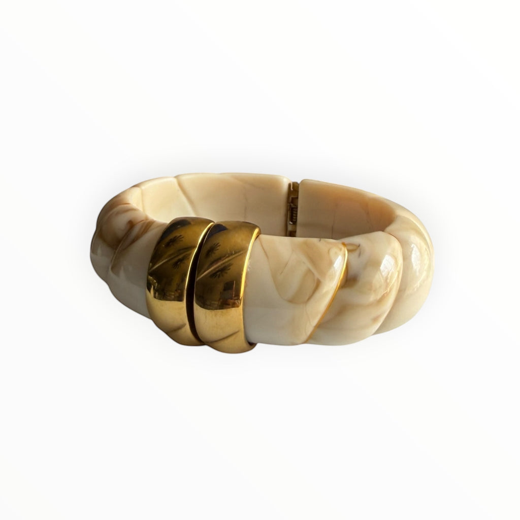 TALI The Riviera resin bracelet in cream marble with gold plated accents and a textured finish.