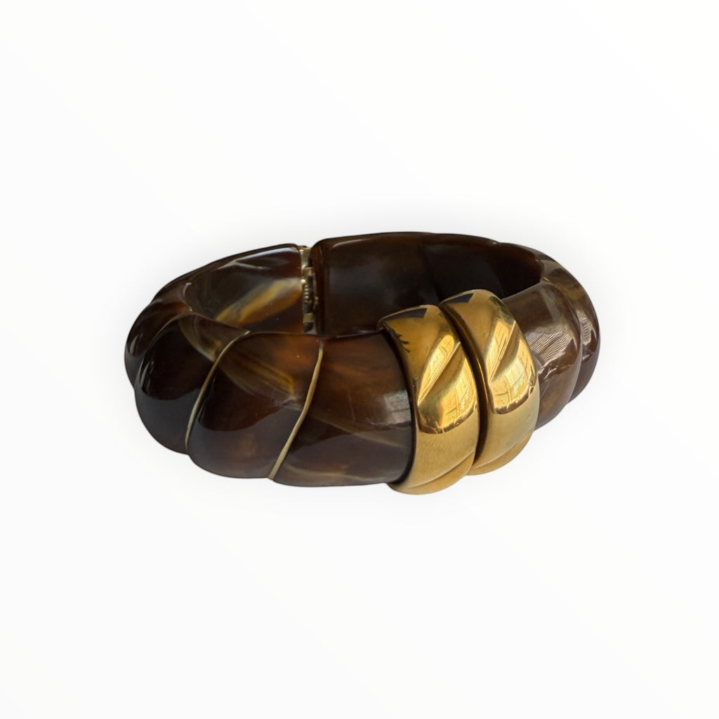 TALI The Riviera Resin Bracelet in brown tortoiseshell pattern with gold plated accents on a white background.