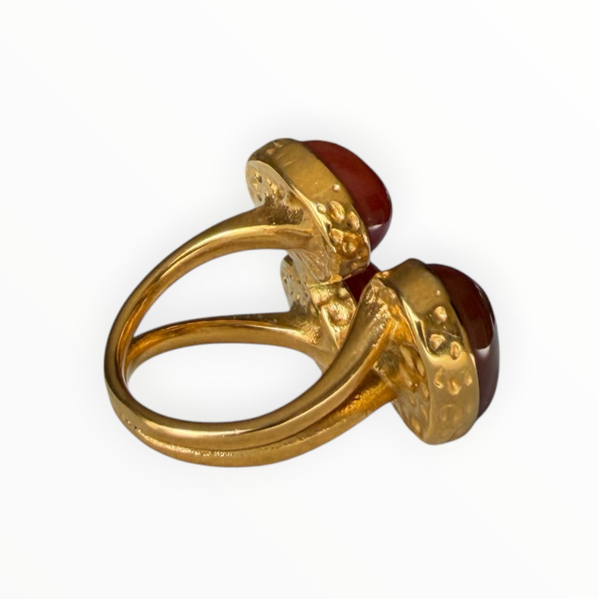 TALI triple oval stone statement ring in gold-toned metal with a hammered edge and split-shank band.
