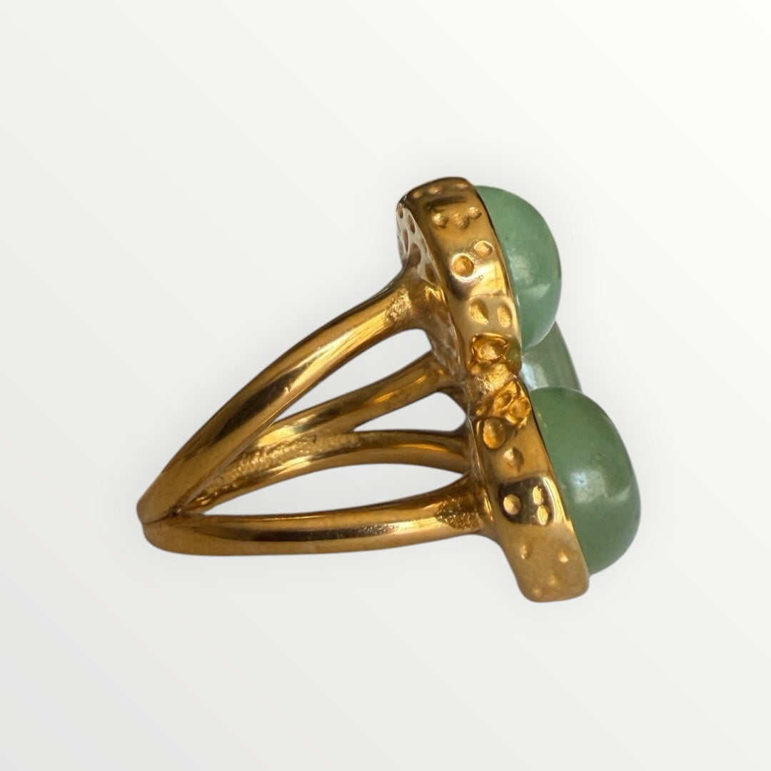 TALI triple oval green stone statement ring in gold-toned metal with a hammered edge and split-shank band side view