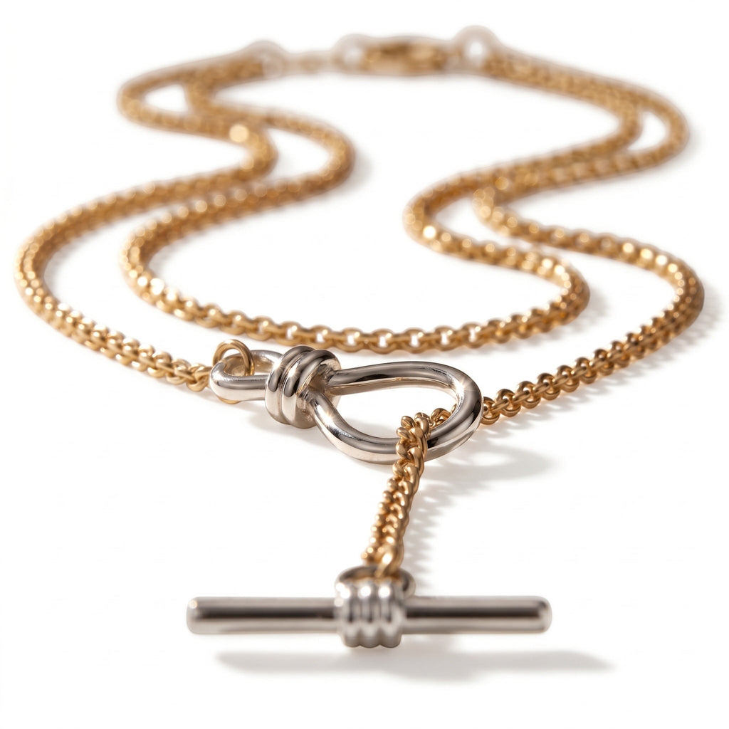 TALI two-tone lariat necklace featuring a gold chain, silver knot centerpiece, and a polished toggle bar closure.